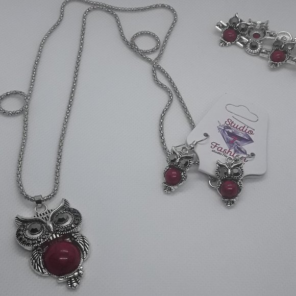 Crackle Owl Necklace Earring Bracelet Set - Picture 1 of 7